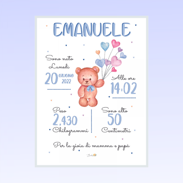 Quadretto nascita bimbo - Orsetto e Cuori