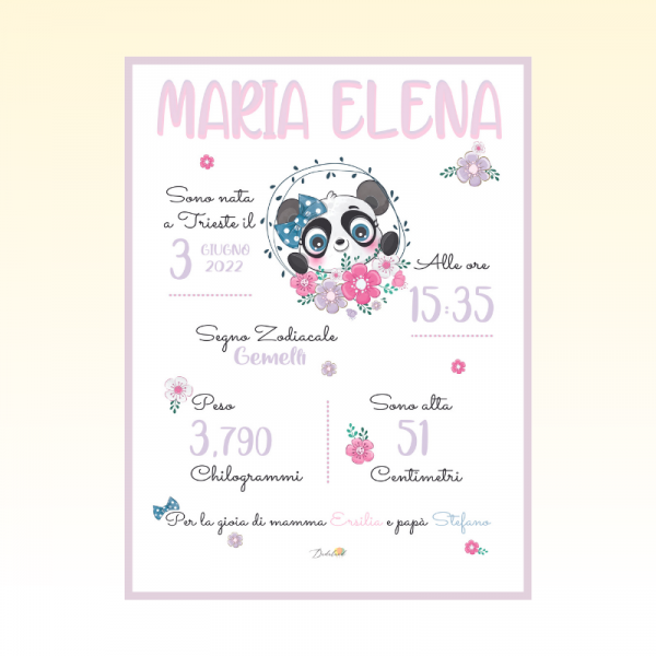 Quadretto nascita bimba - Panda e Fiori